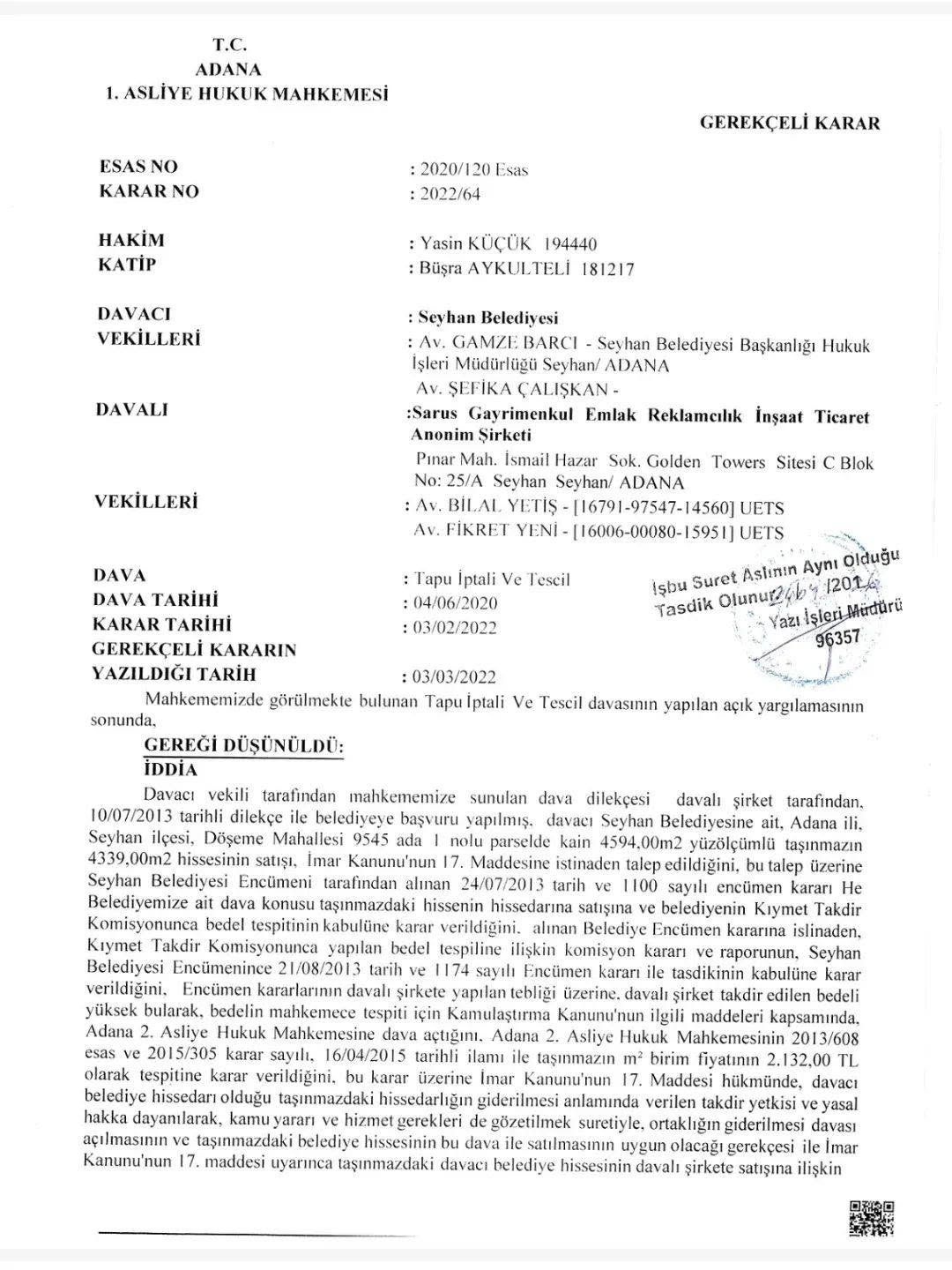 Zeydan Karalar döneminde ucuza satılan arsa mahkeme kararı ile yeniden Seyhan Belediyesi'ne geçti